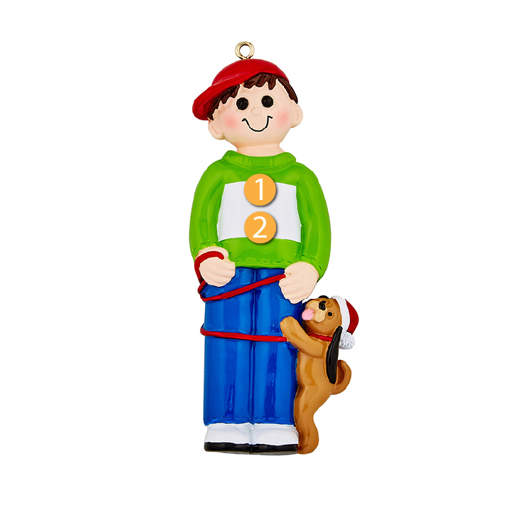Boy in red cap and green sweater with dog wearing Santa hat for Christmas Ornaments & Tree Decorations collection