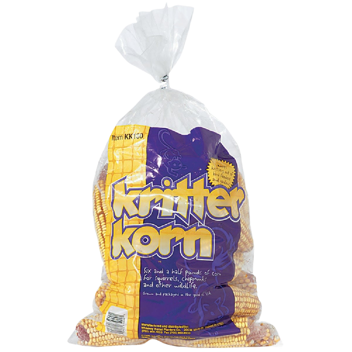 Clear plastic bag filled with dried corn on the cob pieces for feeding squirrels and wildlife outdoors