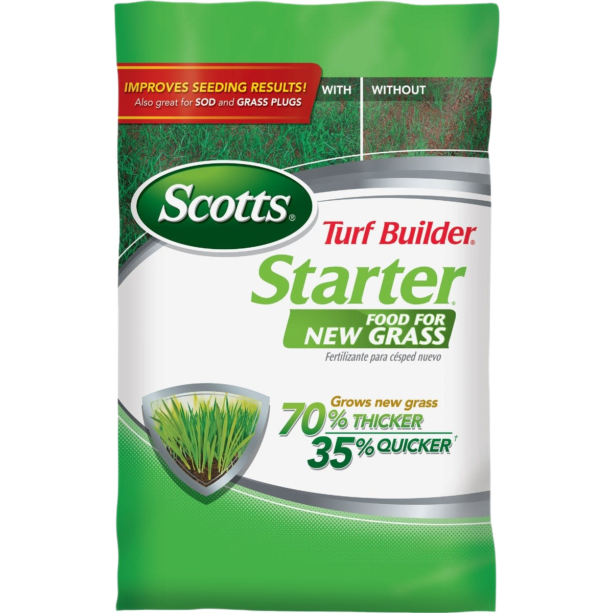 Green and white Scotts Turf Builder Starter fertilizer bag for new grass in lawn and garden plant care collections under $50