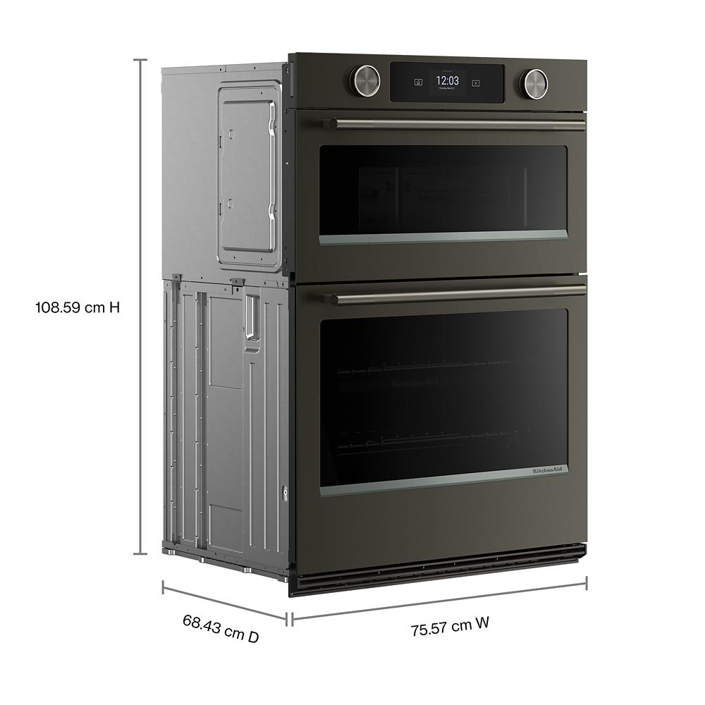 Smart black ore double electric wall oven with touchscreen, backlit knobs, and double convection ovens for kitchenware collection