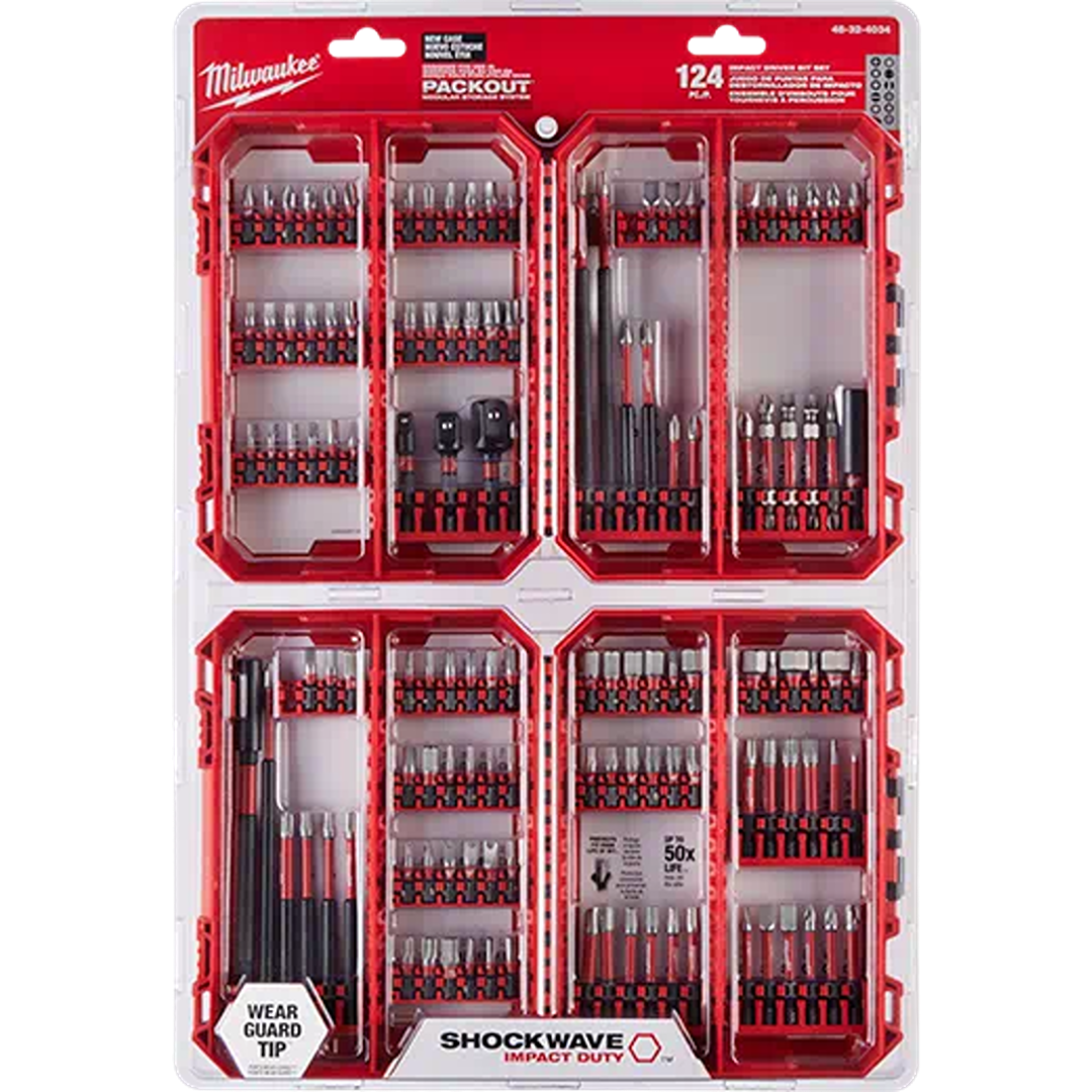 Red and black 124-piece impact duty driver bit set with wear guard tips, part of Milwaukee power tool accessories.