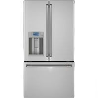 Stainless steel smart French-door refrigerator with bottom freezer and integrated hot water dispenser for modern kitchens