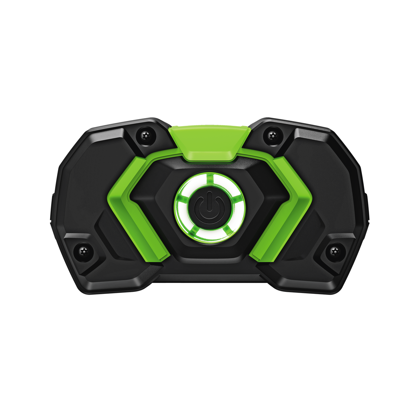 Black and green rechargeable lithium battery with fuel gauge, part of EGO power tool batteries and accessories collection
