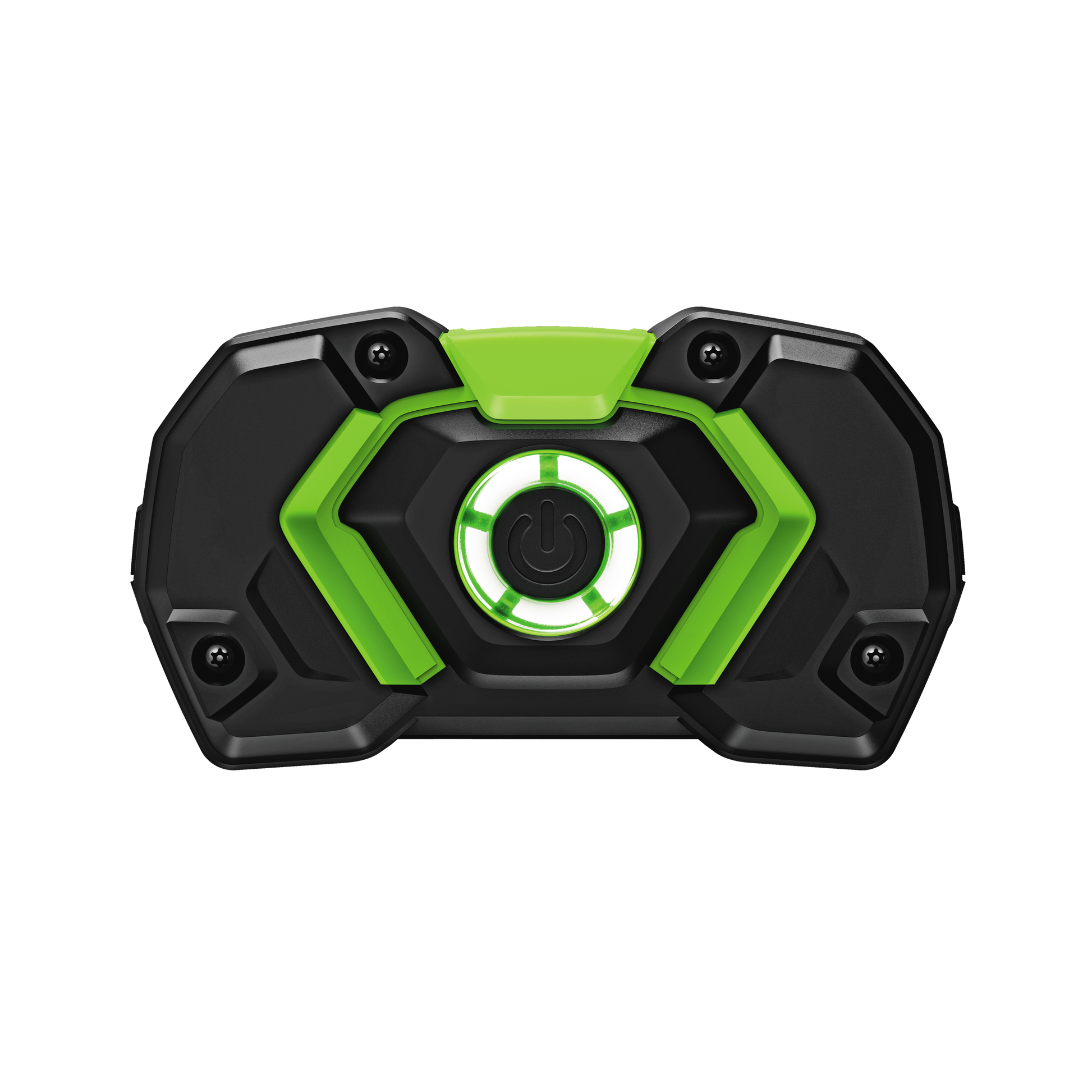 Black and green rechargeable lithium battery with fuel gauge, part of EGO power tool batteries and accessories collection