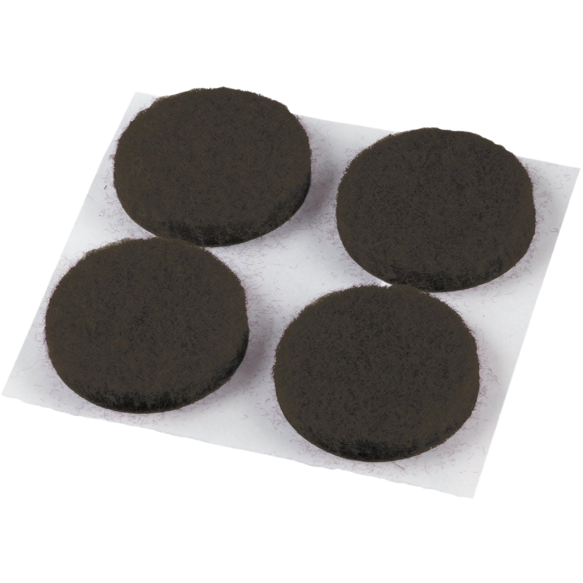 Brown round felt pads arranged on a clear backing sheet for furniture protection and home improvement use