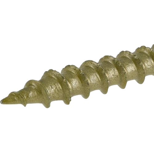 Close-up of gold-toned exterior wood screw tip with sharp threads for durable fastening in hardware and lumber projects