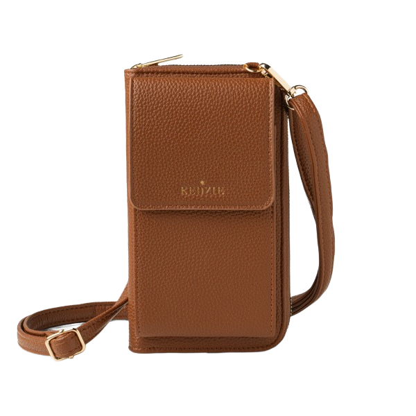 Compact brown pebbled vegan leather smartphone crossbody with adjustable strap and goldtone accents, part of accessories under $100 collection