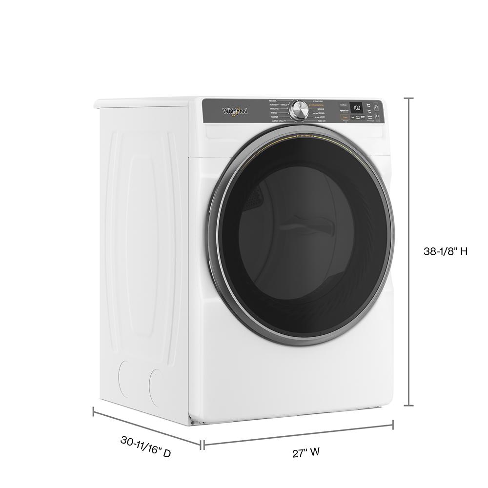 White smart front load electric dryer with digital display, large black door, and detailed measurements shown