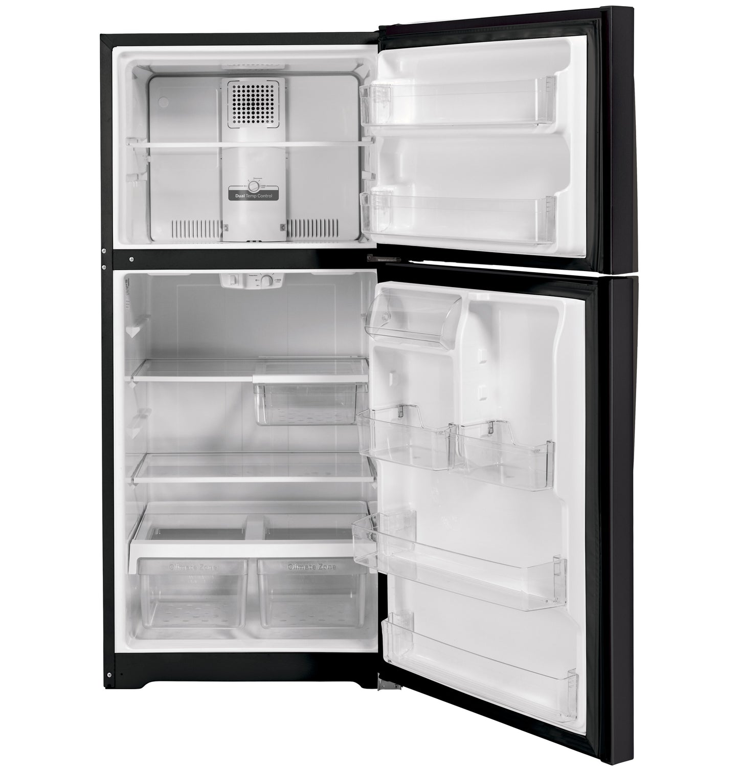 Open black top-freezer refrigerator showing empty interior with adjustable shelves in appliances collection