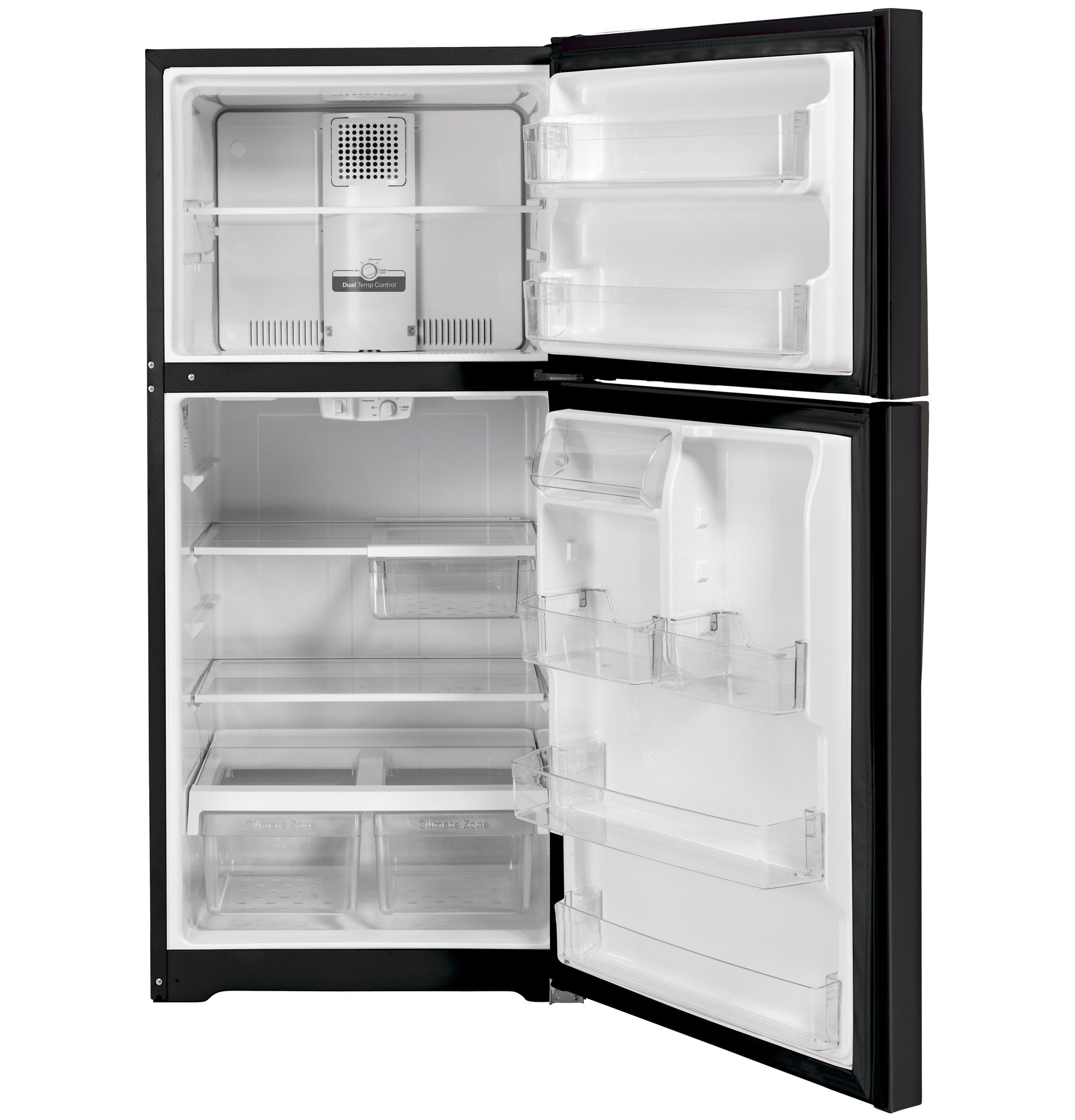 Open black top-freezer refrigerator showing empty interior with adjustable shelves in appliances collection