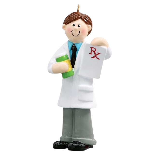 Male pharmacist figurine ornament holding prescription bottle and Rx paper in Christmas Ornaments & Tree Decorations collection