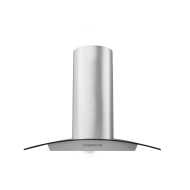 Stainless steel chimney range hood with curved glass canopy and touch controls in kitchen appliances collection