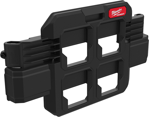 Compact black storage plate with reinforced design and red Milwaukee PACKOUT™ branding for tools and home improvement use