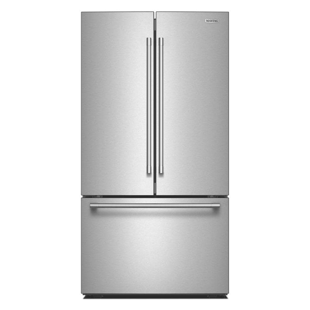 Stainless steel French door refrigerator with a bottom freezer drawer, featuring modern handles, part of Refrigerators, French Door Refrigerators, Kitchen & Kitchenware, Appliances collections.