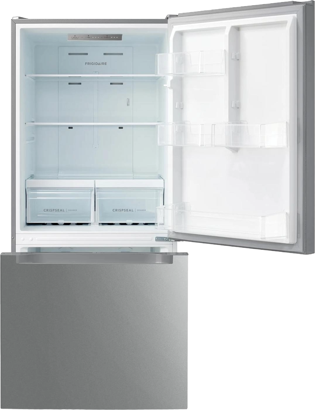 19 Cu. Ft. standard-depth bottom freezer refrigerator with stainless steel finish, adjustable glass shelving, door bins, and dual crisper drawers, ideal for kitchen and appliance collections.
