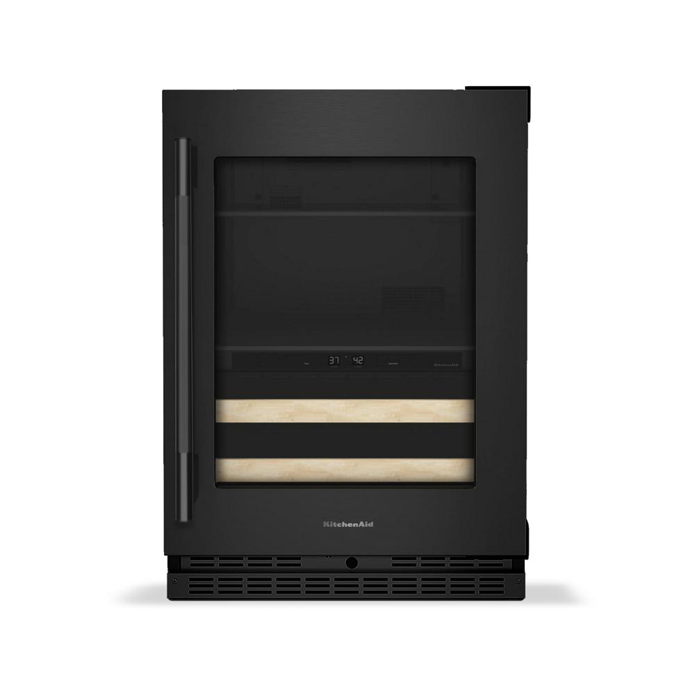 24" black undercounter beverage center with glass door, wood racks, digital controls in KitchenAid appliances collection