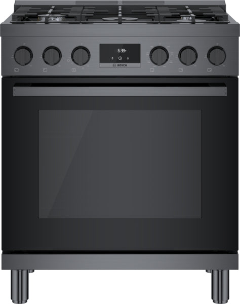 Front view of Bosch dual fuel freestanding range with black stainless steel finish and control knobs for kitchenware collections