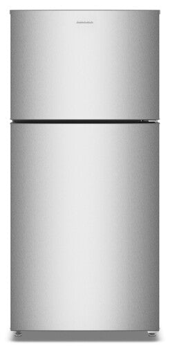 Stainless steel top-freezer refrigerator with clean, simple design, featuring dual crisper drawers, part of kitchen and appliance collections.