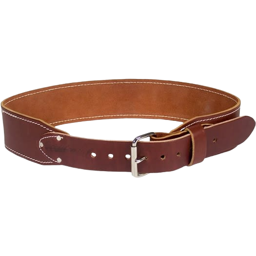 Heavy-duty brown leather ranger-style work belt with nickel-plated steel buckle for tool belts and workshop organization