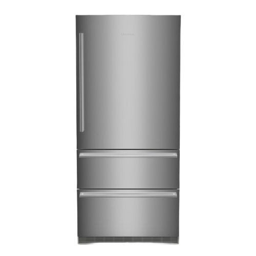 Freestanding stainless steel refrigerator with large door and two freezer drawers in Refrigerators and Appliances collections