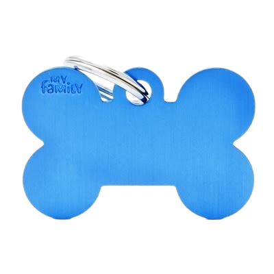 Large anodized blue aluminum bone-shaped pet ID tag with metal ring for collar attachment in pet accessories