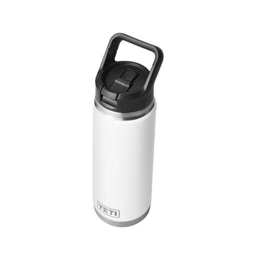 White stainless steel insulated 26 oz bottle with black straw cap and handle from Drinkware and Kitchen collections