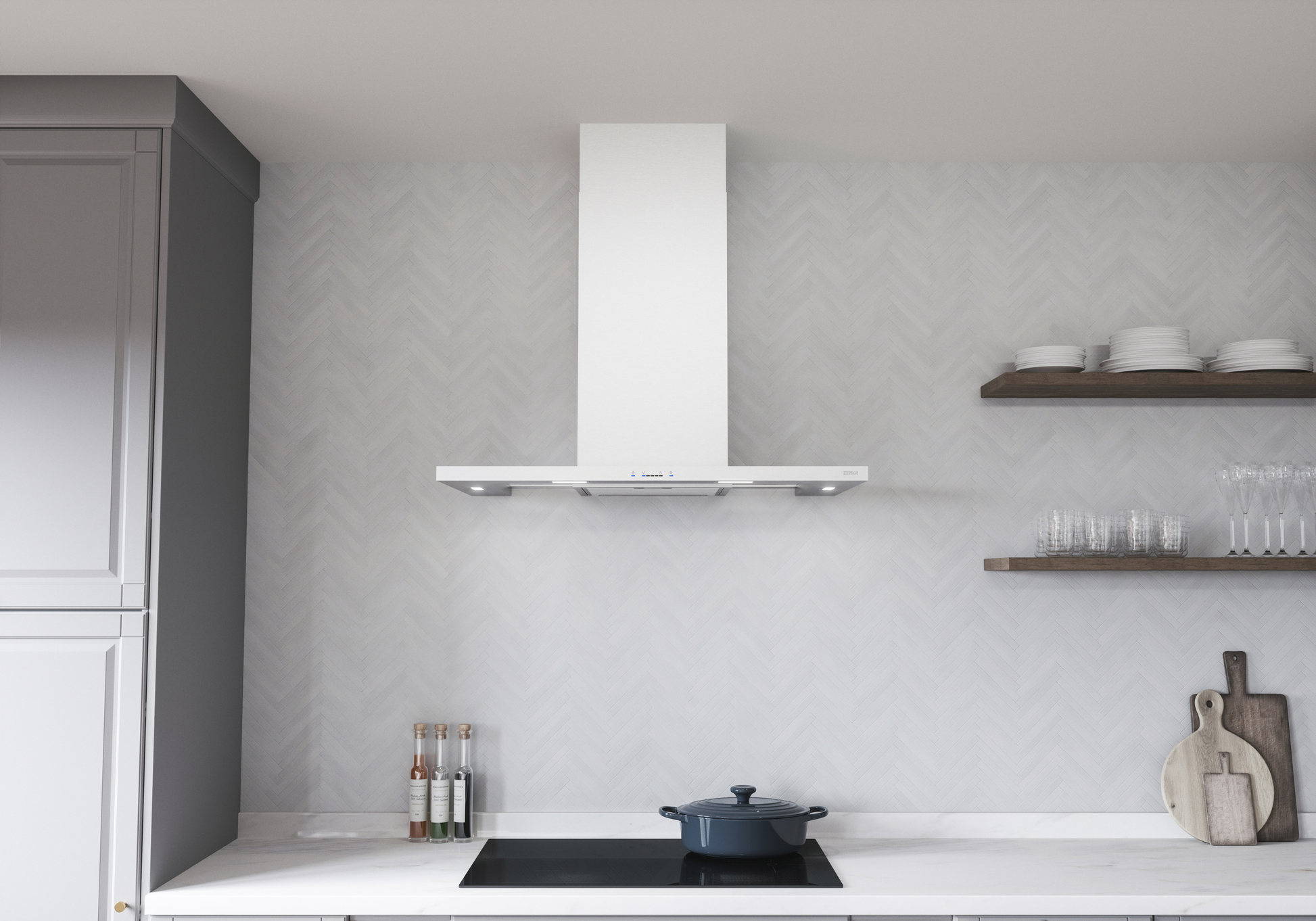 White modern chimney hood with LED lighting and touch controls installed in contemporary kitchen setting