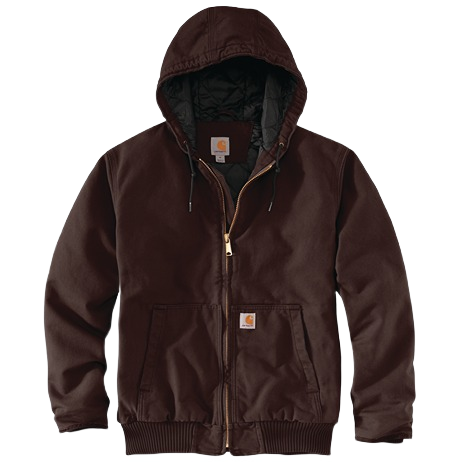 Men's dark brown heavyweight washed cotton duck jacket with quilted lining, hood, zipper closure, and loose fit in outerwear collection