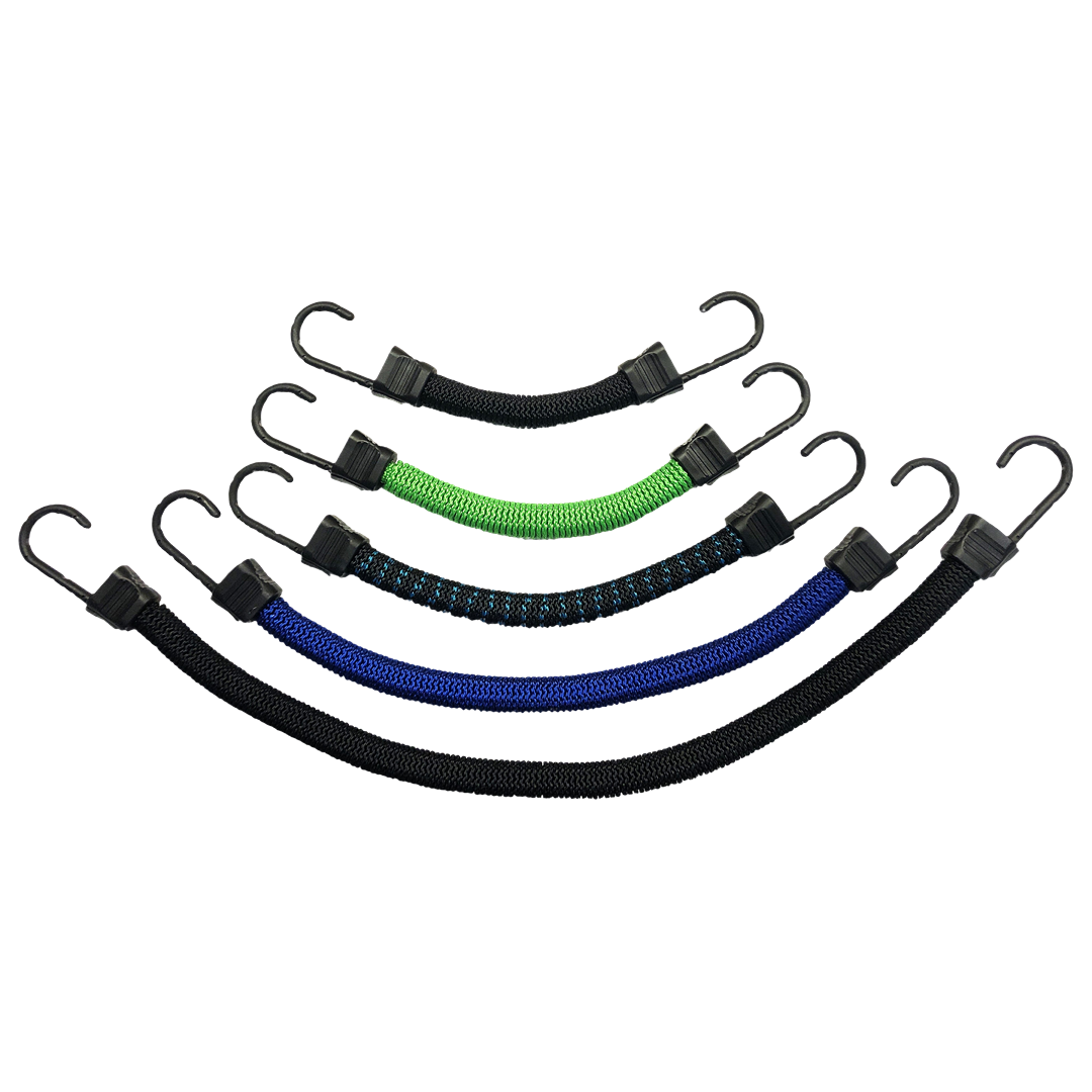 Set of five durable stretch cords with hooked ends in various lengths for cargo tie-down and automotive use