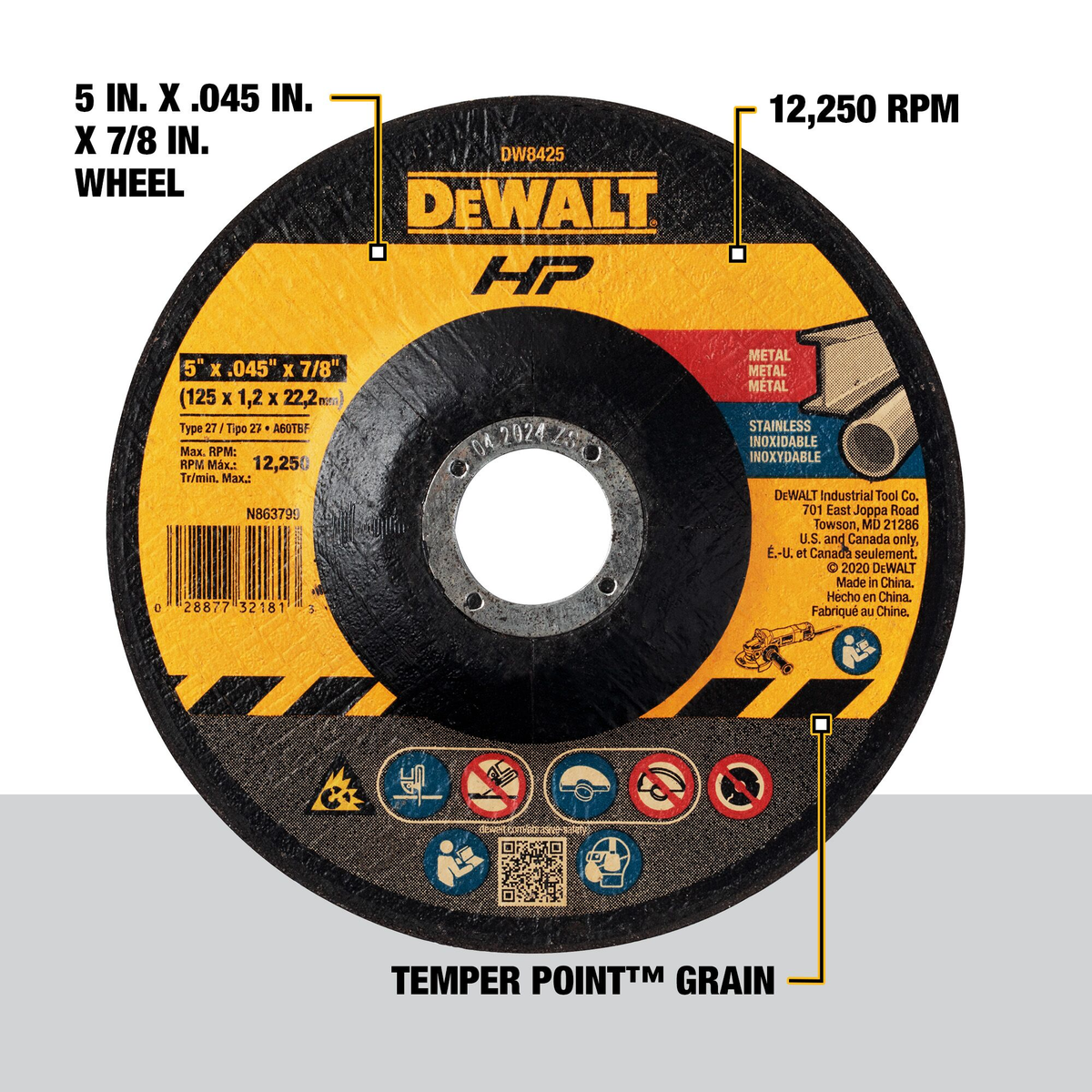 DEWALT 5" x 0.045" x 7/8" Arbor Metal Cutoff Wheel