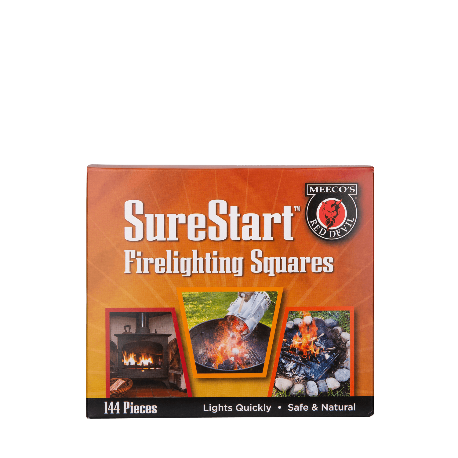 Box of red devil surestart firelighting squares with three images showing fire starting in stove and campfire settings