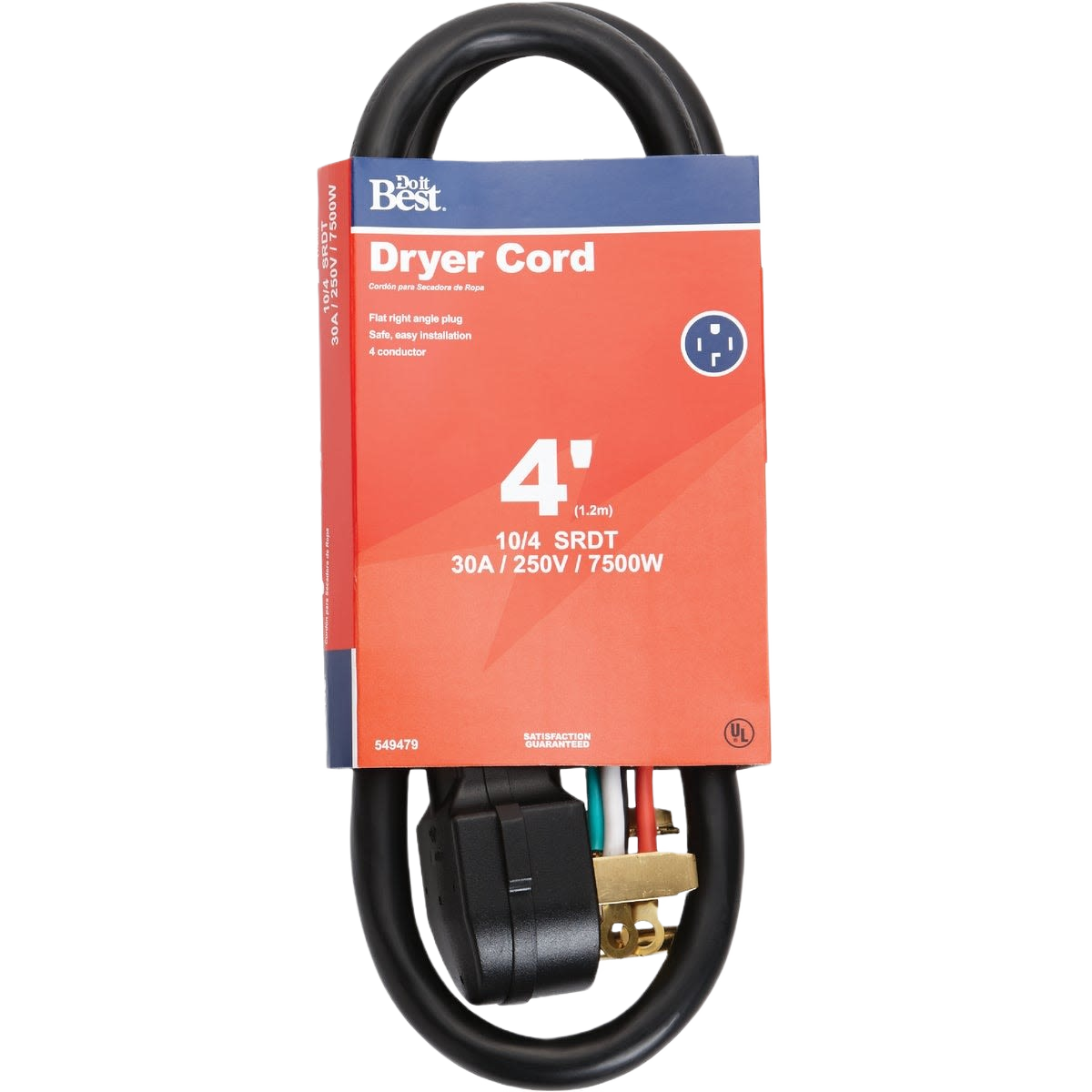 Black 4-foot 10/4 gauge dryer cord with right angle plug for appliance parts and electrical home improvement tools collection