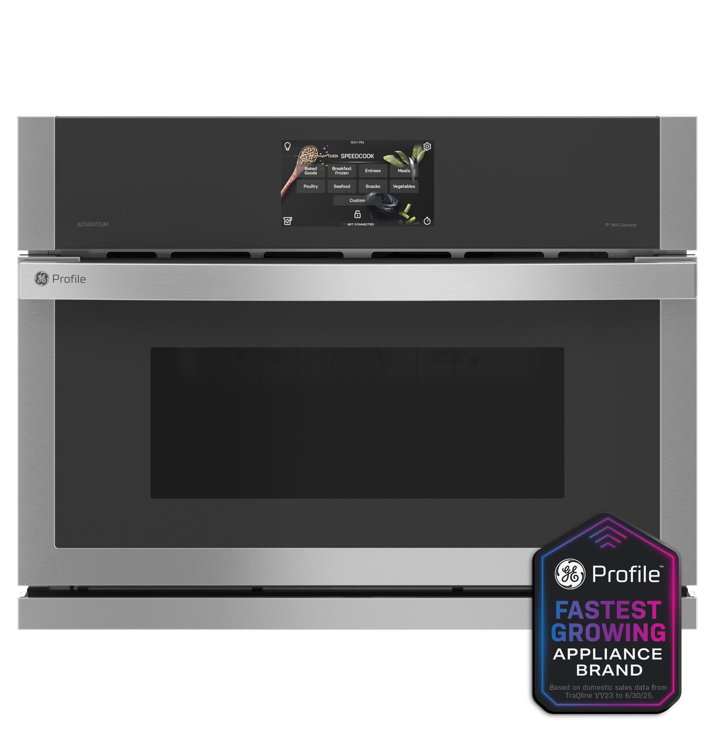 Modern stainless steel single wall oven with digital touchscreen control from kitchen appliances collection
