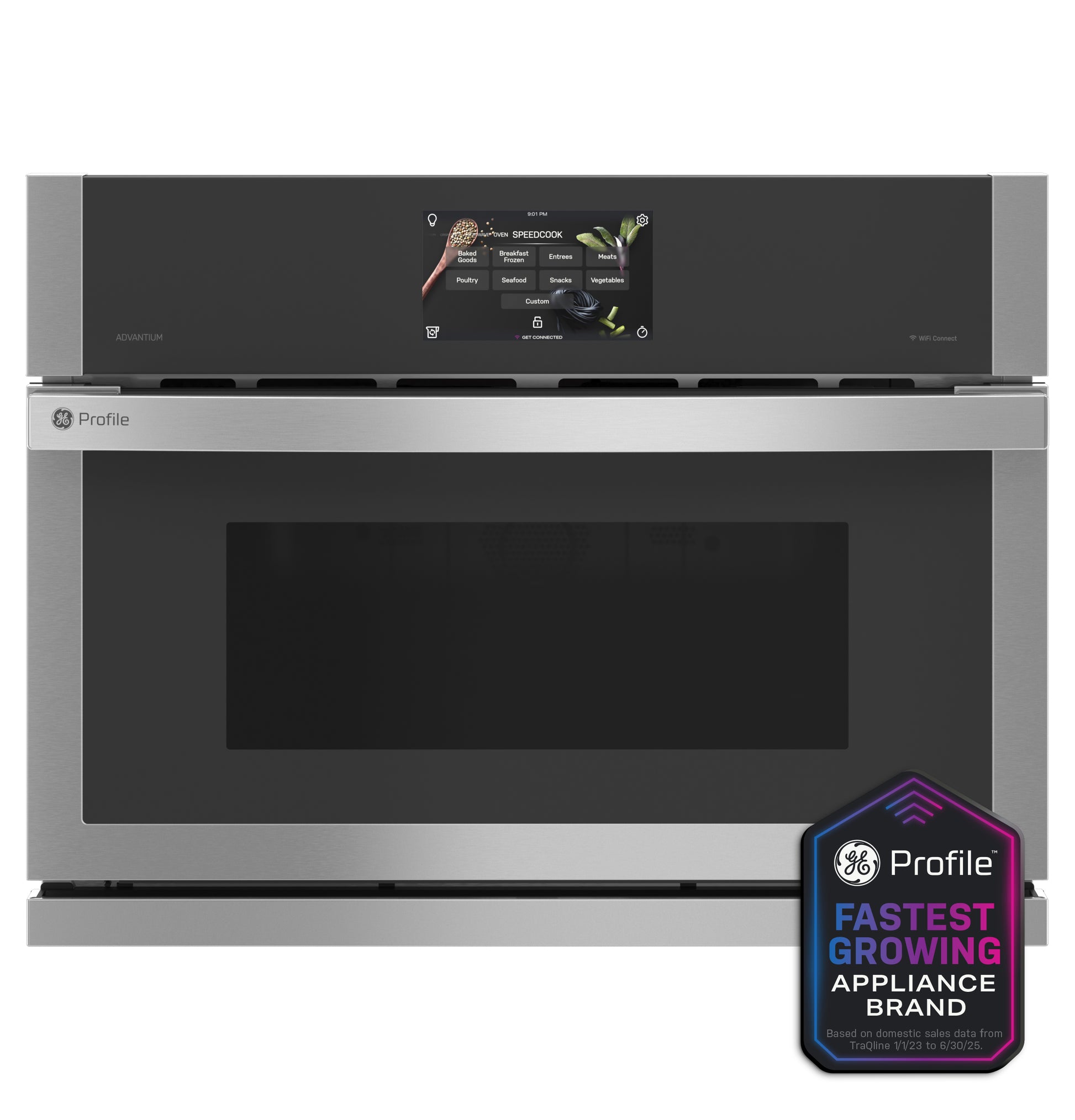 Modern stainless steel single wall oven with digital touchscreen control from kitchen appliances collection