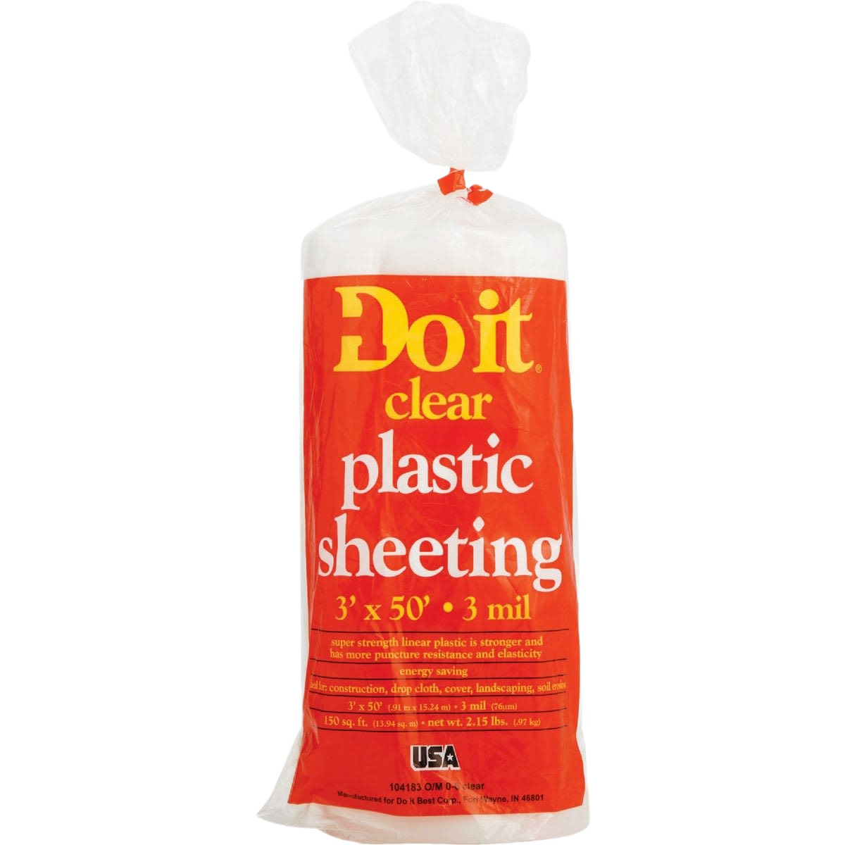 Roll of clear plastic sheeting with red and yellow packaging for home improvement and protective covering tasks