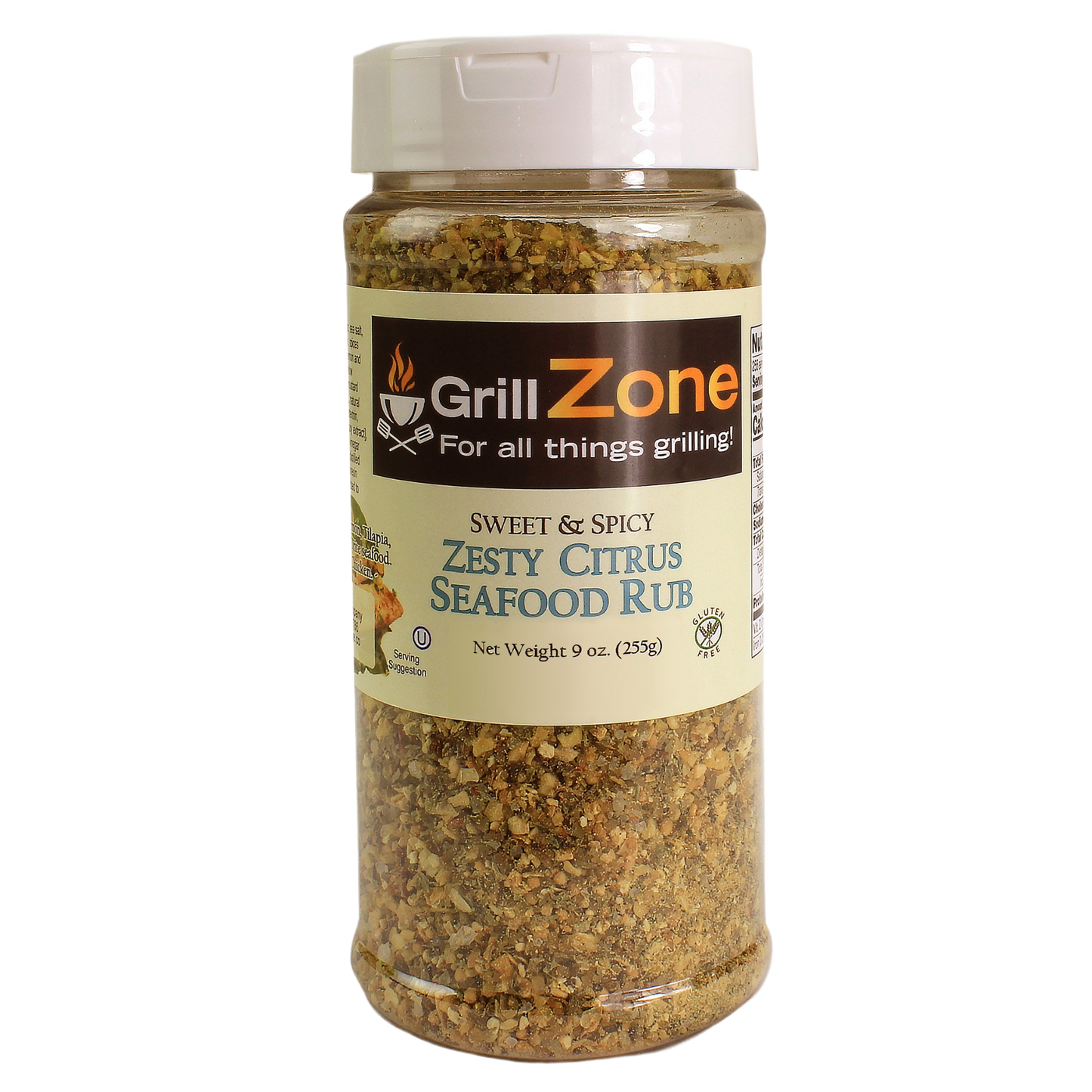 Clear plastic jar of sweet and spicy citrus seafood rub with white lid in grilling sauces and spices collection