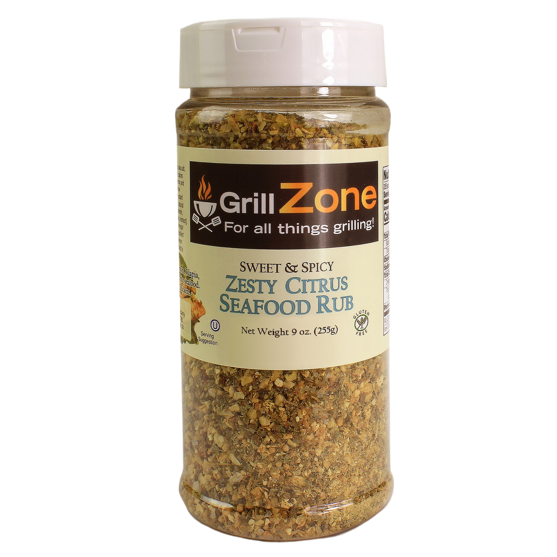 Clear plastic jar of sweet and spicy citrus seafood rub with white lid in grilling sauces and spices collection