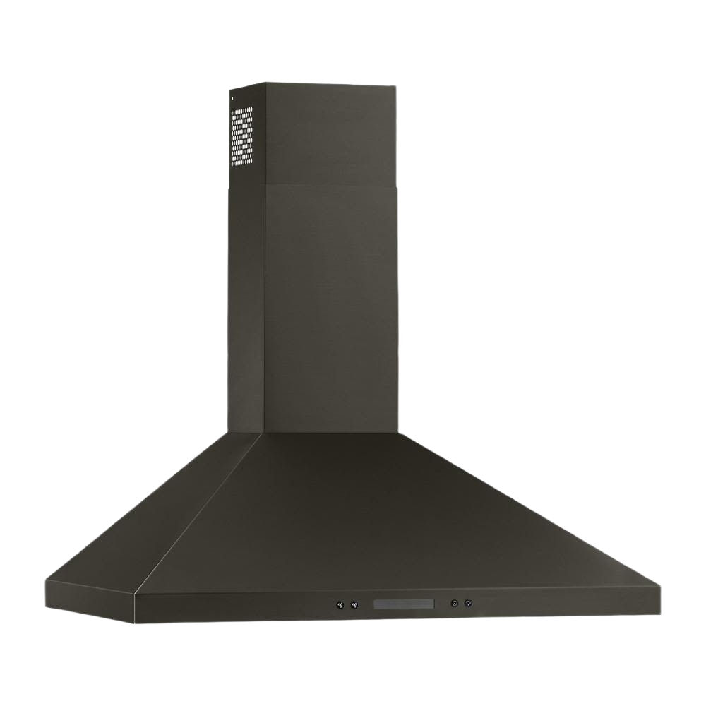 Black wall mounted chimney range hood with dishwasher-safe grease filters for kitchen and home improvement collections