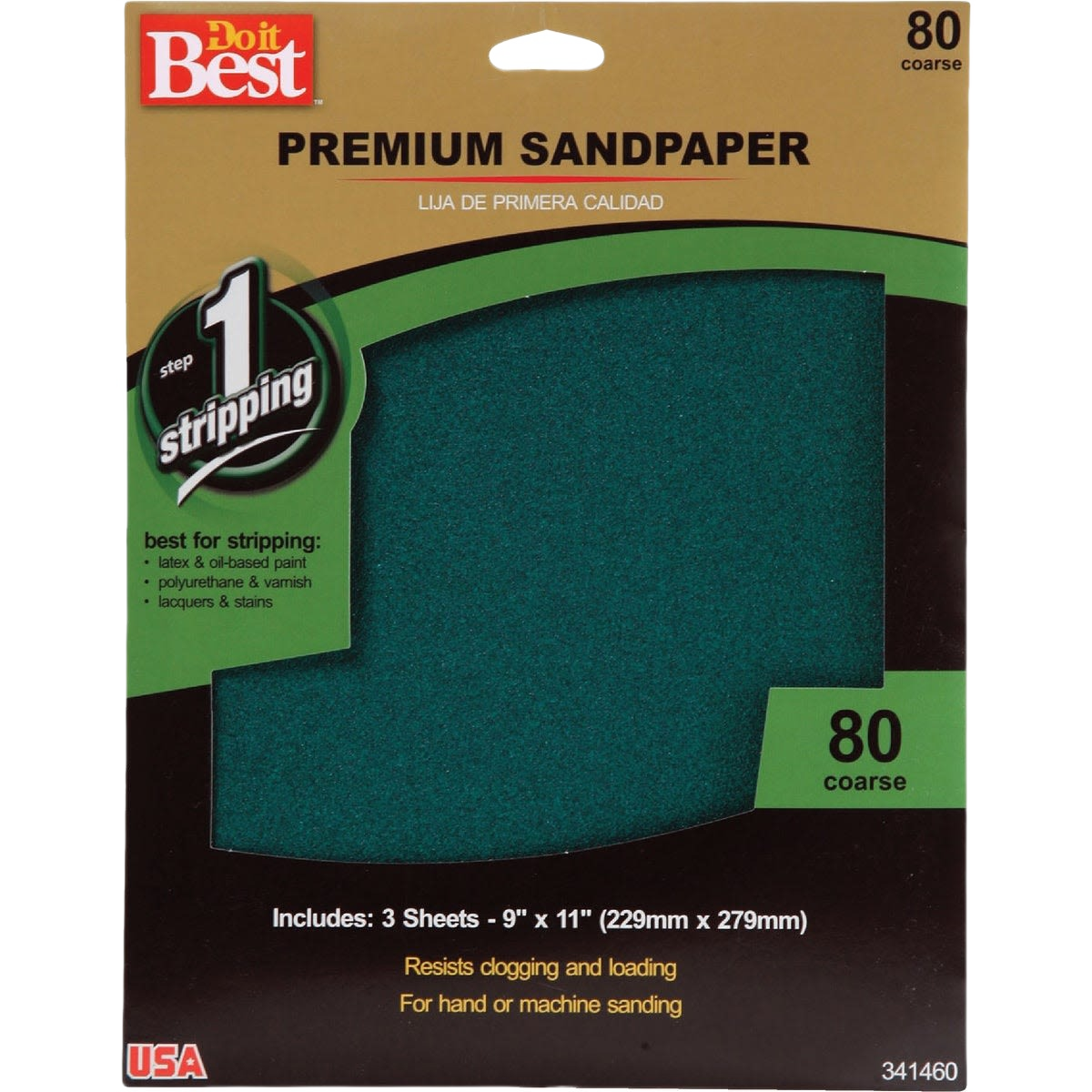 Package of coarse 80 grit sandpaper sheets for hand or machine sanding in paint and repair supplies collections
