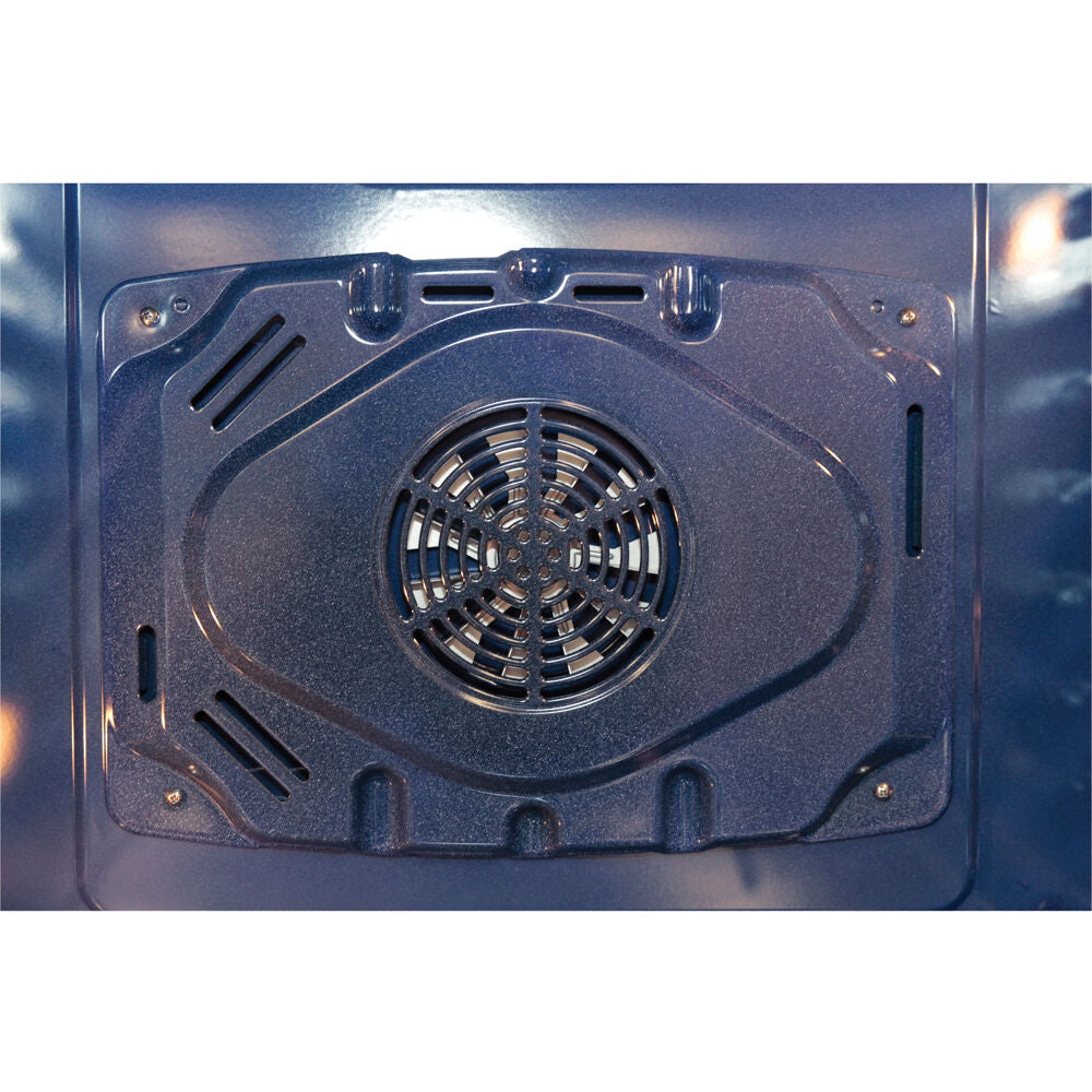 Interior view of a blue enamel convection oven back panel with central circular vent in double wall ovens collection
