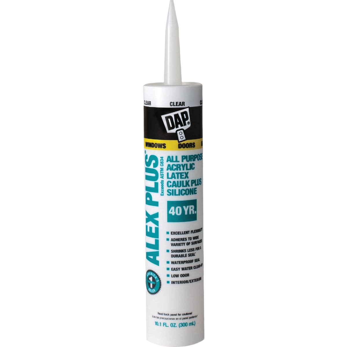 Clear acrylic latex caulk with silicone for home improvement and sealing applications on windows and doors