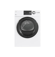 Front-load electric dryer with stainless steel basket and digital control panel in modern appliances collection