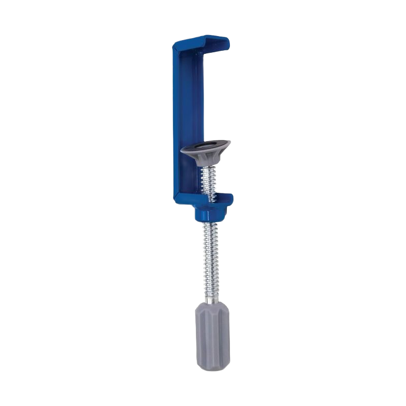 Blue metal bench clamp with threaded screw and gray handle for woodworking and home improvement tasks