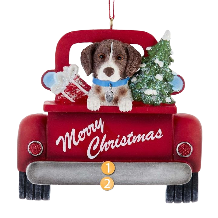 Red truck Christmas ornament with German Shorthaired Pointer dog, tree, and gifts for holiday decoration collections
