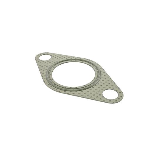 Metal exhaust pipe gasket with textured surface and two bolt holes for secure fit in automotive or machinery repairs