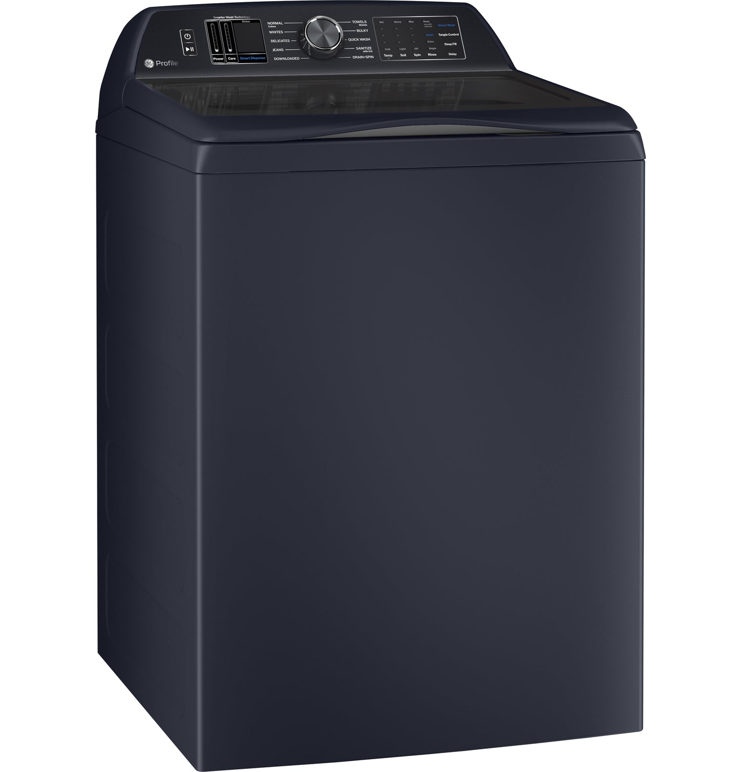 Dark blue top load washer with digital control panel and glass lid from washers and dryers collection