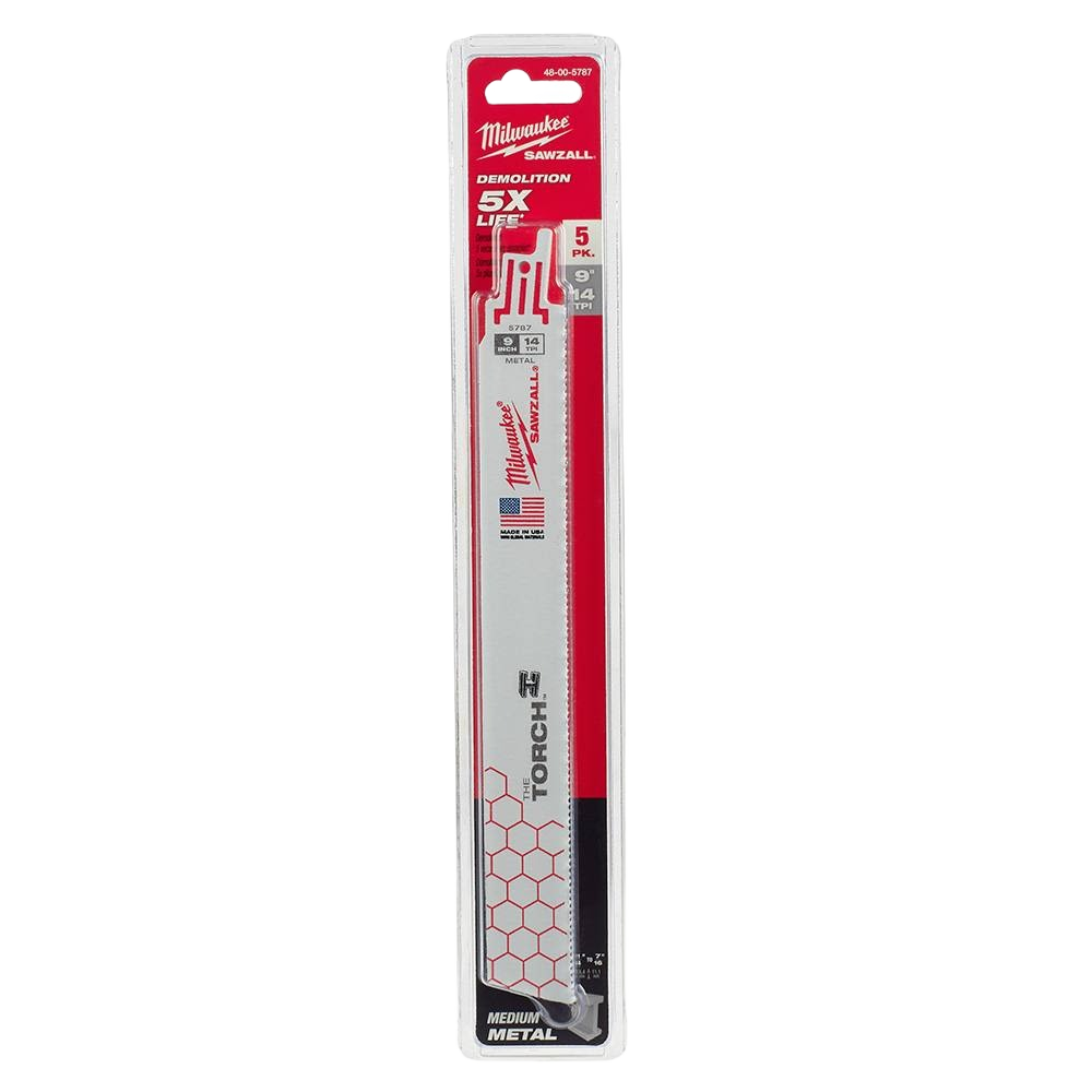 Pack of five Milwaukee SAWZALL TORCH 9-inch 14-TPI blades for durable metal cutting in power tool accessories.
