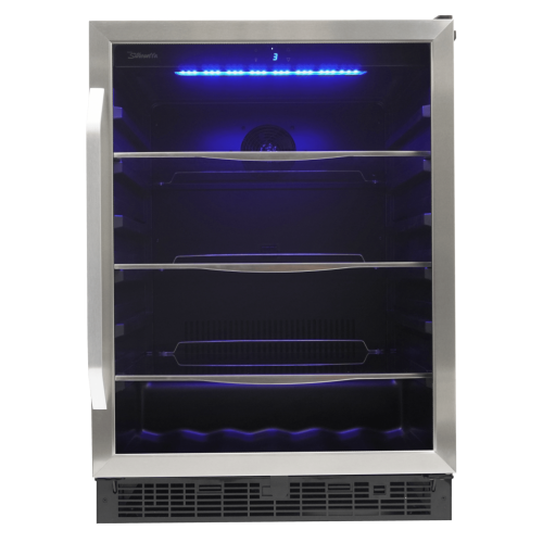 24-inch single zone beverage center with stainless steel frame, glass door, blue interior light, and adjustable shelves in Appliances collection