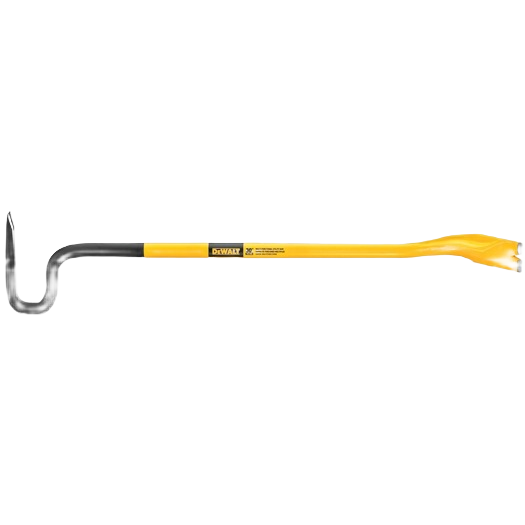 Yellow and black multifunctional utility bar with curved claw and flat pry end for home improvement tasks