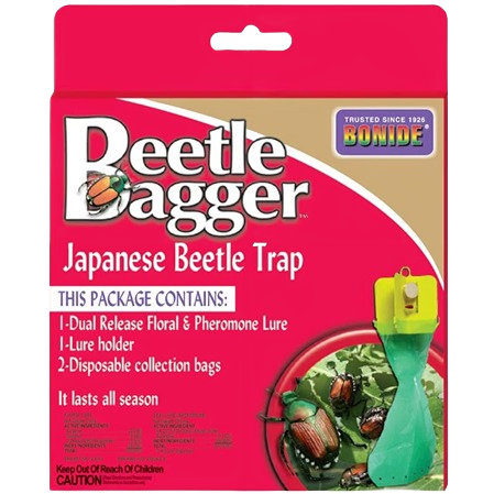 Packaging of Bonide Beetle Bagger Japanese Beetle Trap kit with lure holder and disposable collection bags for garden pest control